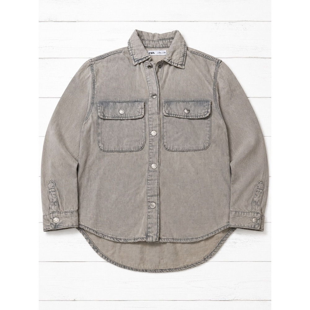 Zara Kids Denim Shirt Acid‎ Wash Grey Button Up Shacket Size 9-10 140cm
